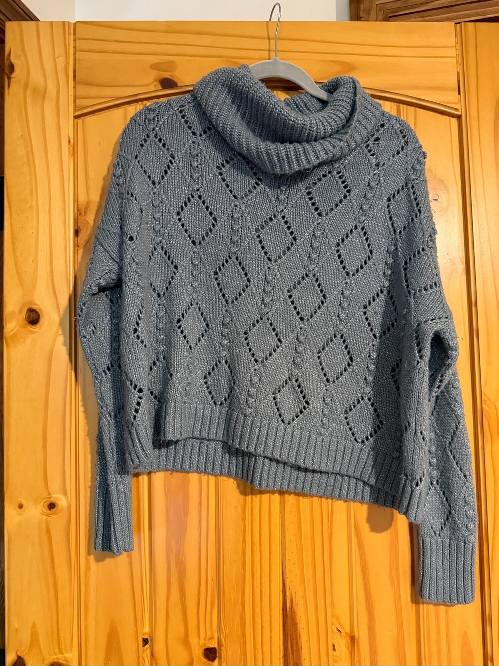 LOFT Light Bluish Gray Openwork Diamond Cowl Neck Sweater